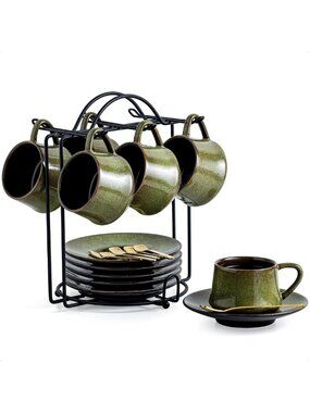 Set of 6 Ceramic Espresso Cups - 4 Oz Green Coffee Shot Glasses for Home Bar